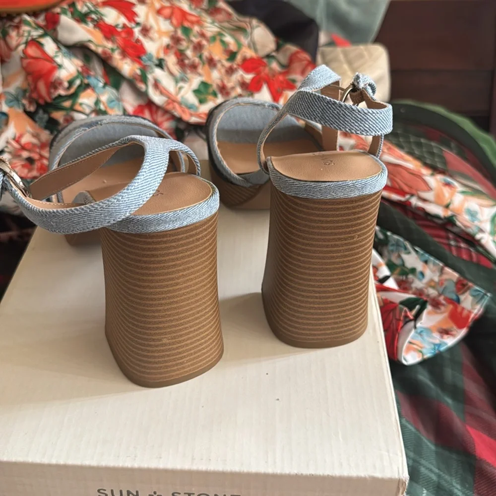 Sun + Stone Denim Patchwork Platform Sandals in Light Blue & Dark Blue